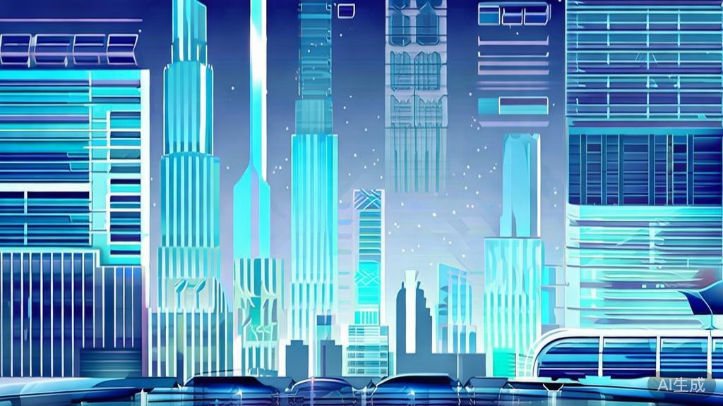 Flat vector illustration of a futuristic cityscape, dashboard style, soft blue gradient
