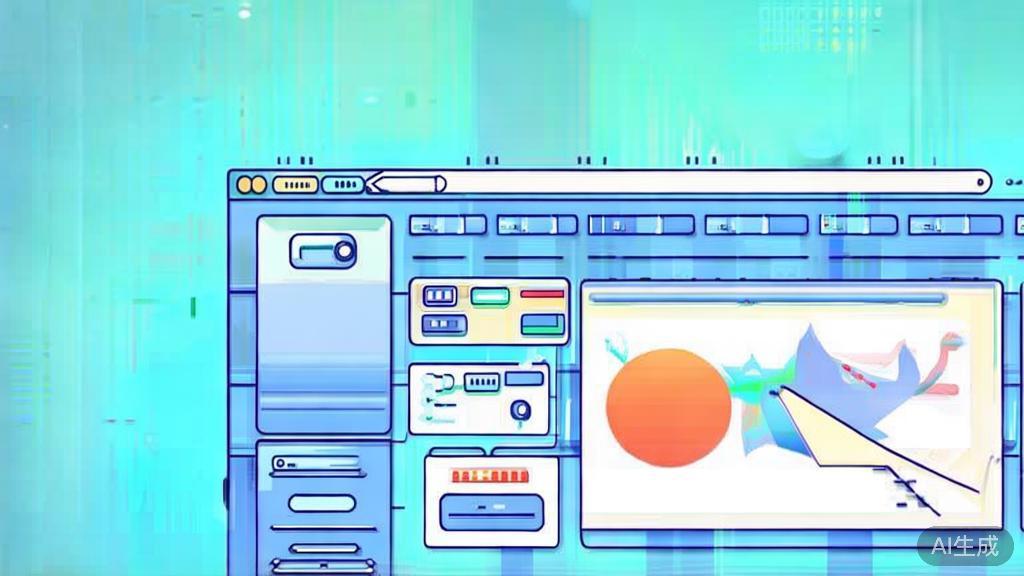 Flat vector illustration of AI art generation process, dashboard style, soft blue gradient