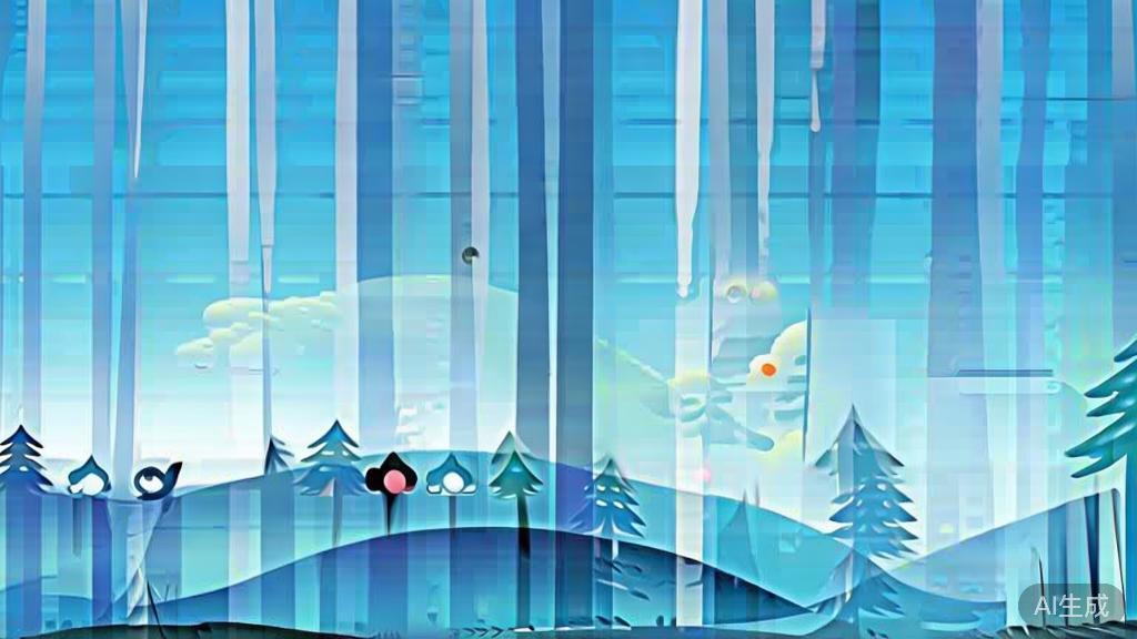 Flat vector illustration of a dreamy forest scene, dashboard style, soft blue gradient