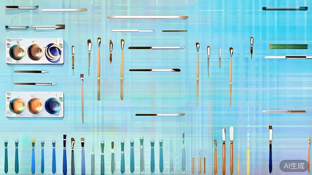 Flat vector illustration of traditional painting tools, dashboard style, soft blue gradient