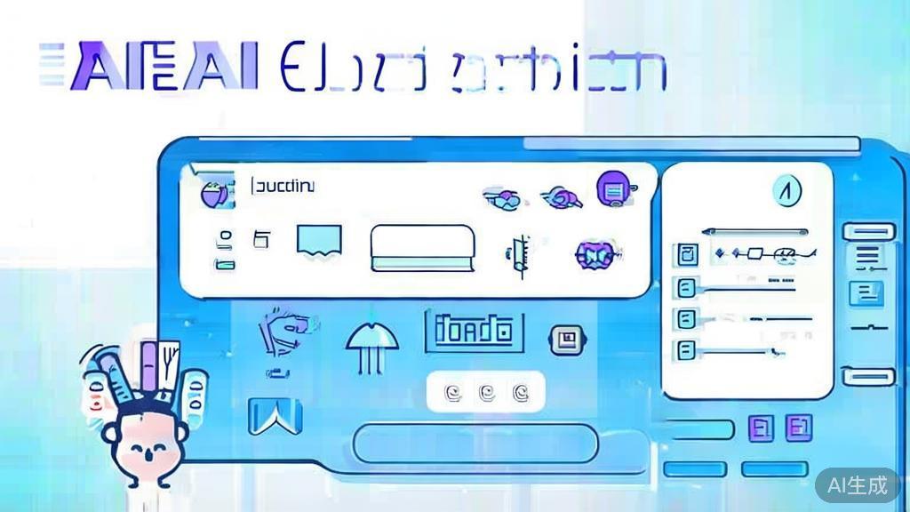 Flat vector illustration of AI in education, dashboard style, soft blue gradient