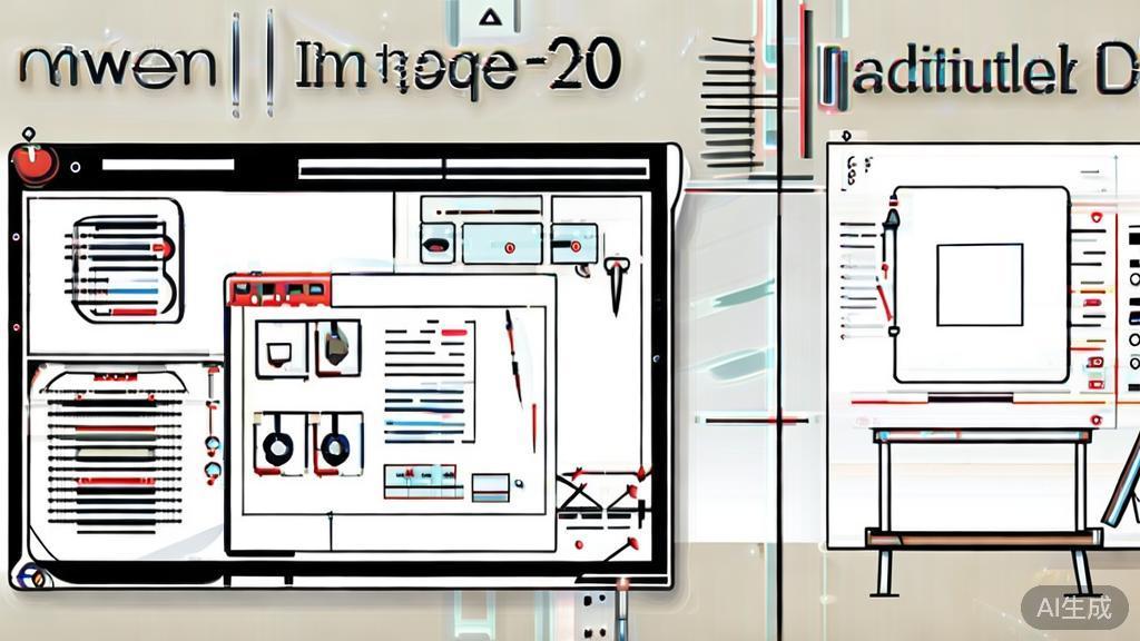 High-quality business illustration regarding comparison of Qwen-Image-2.0 with traditional drawing tools, minimal flat design