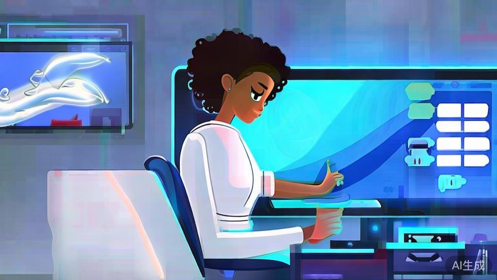 Flat vector illustration of a game designer using AI drawing tool, soft blue gradient