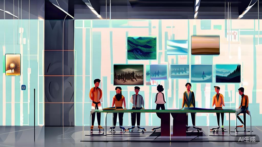 "Illustration depicting creative individuals inspired by AI-generated images, in a collaborative workspace, minimal flat design"