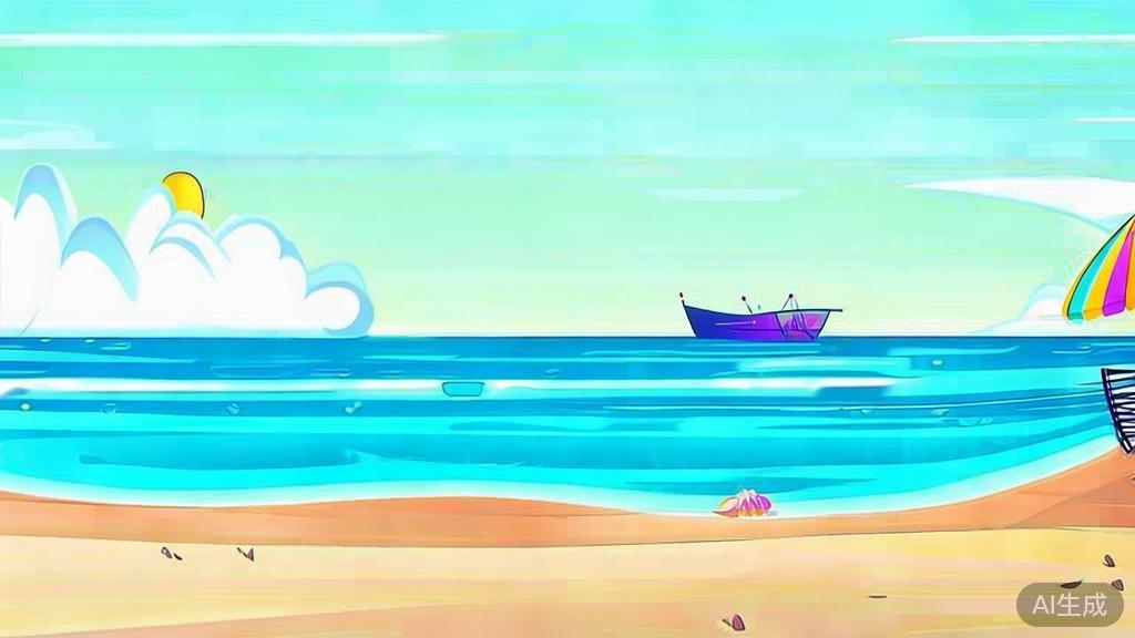 Flat vector illustration of a beach scene with detailed elements, dashboard style, soft blue gradient