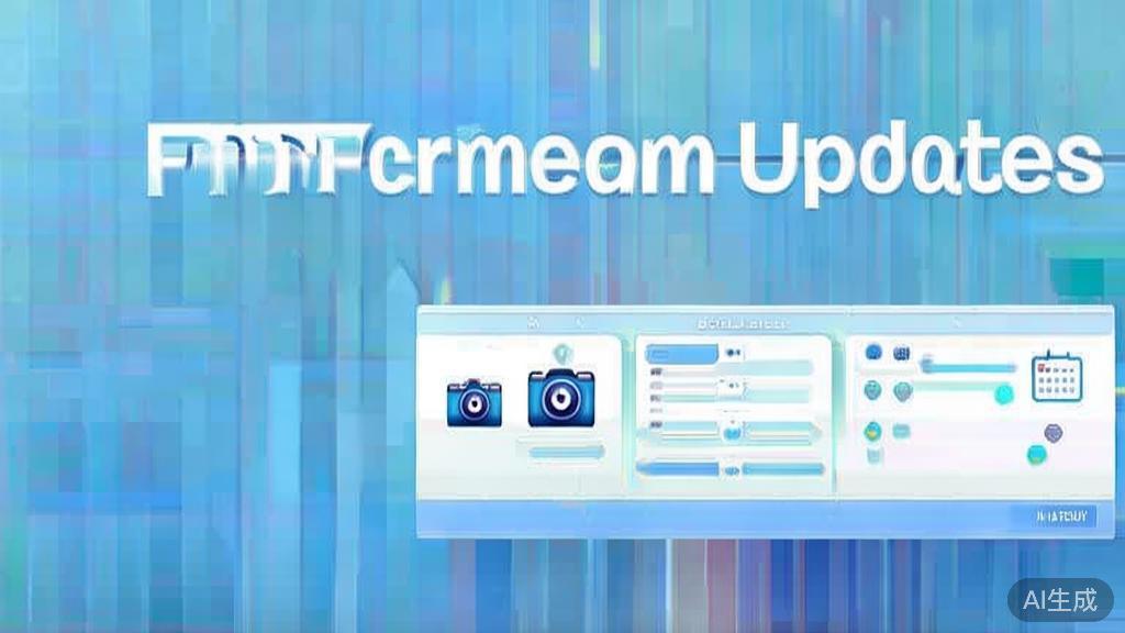 Flat vector illustration of firmware updates importance for camera devices, dashboard style, soft blue gradient