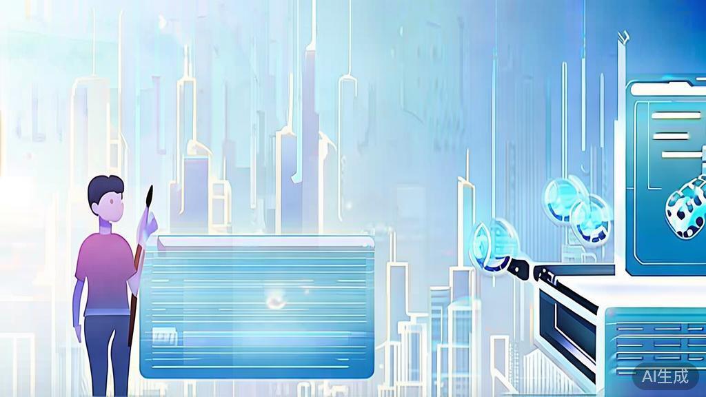 Flat vector illustration predicting future of AI in creativity, soft blue gradient
