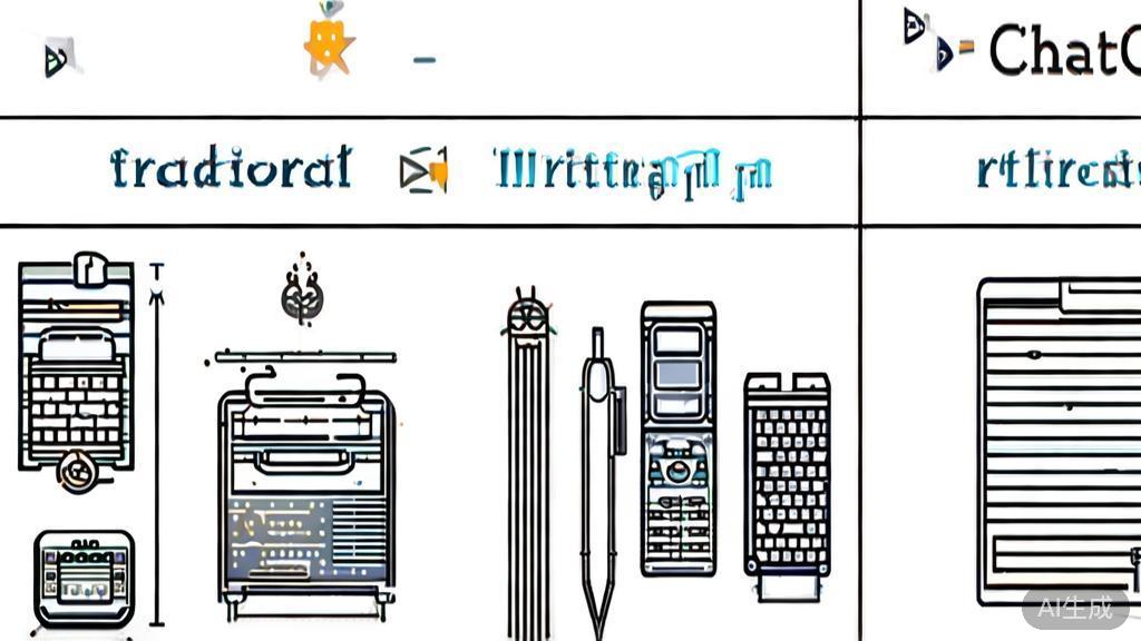 "High-quality business illustration regarding comparison of ChatGPT and traditional writing tools, minimal flat design"