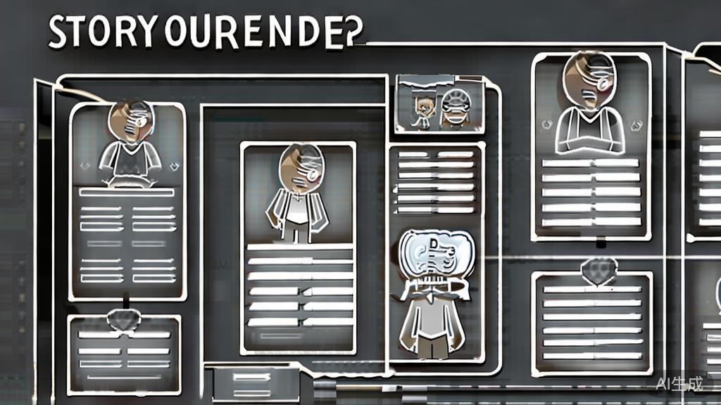 Illustration of a story outline with characters and plot points, clear structure, minimal and corporate design