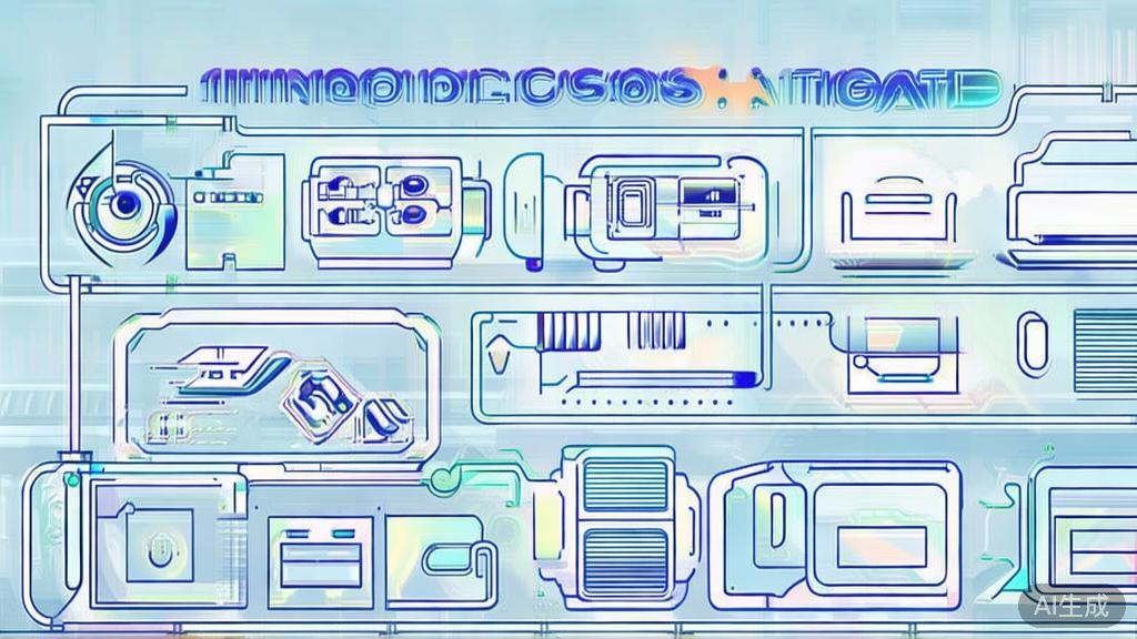 Flat vector illustration of futuristic AI applications in various fields, minimal design