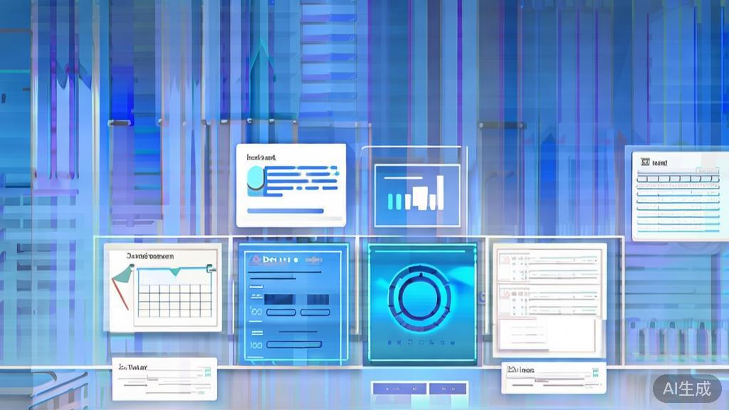 Flat vector illustration of an e-commerce platform using aggregated data API to optimize order management, dashboard style, soft blue gradient