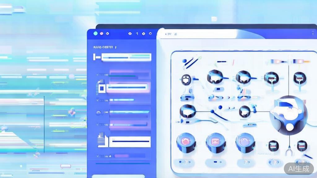 "Flat vector illustration of API testing and evaluation, dashboard style, soft blue gradient"