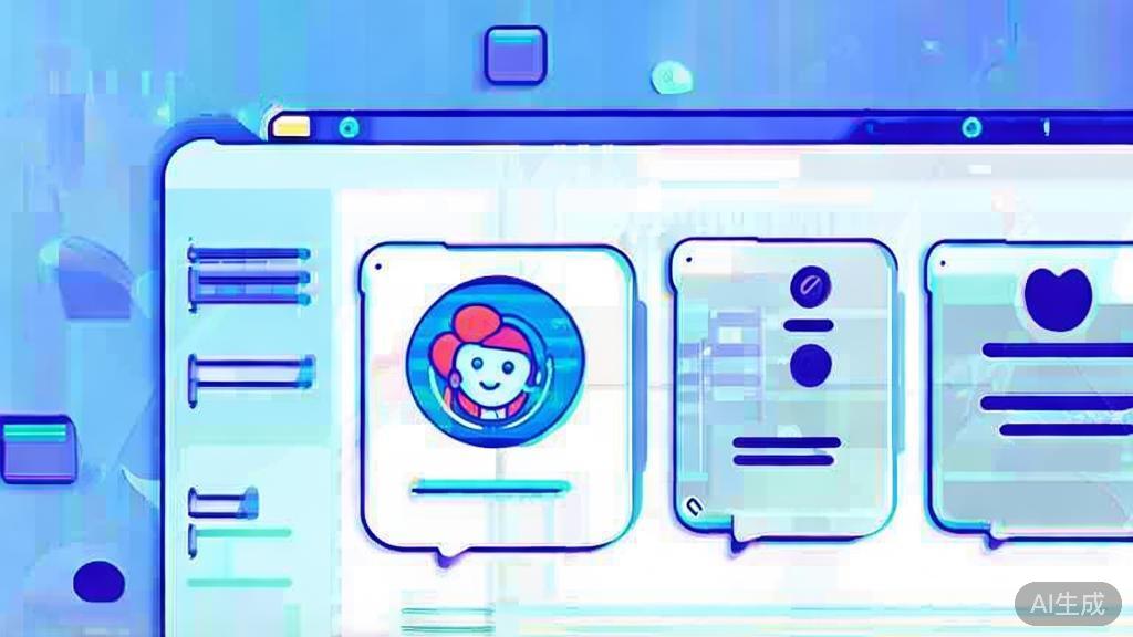 Flat vector illustration of a conversation with an AI assistant, dashboard style, soft blue gradient