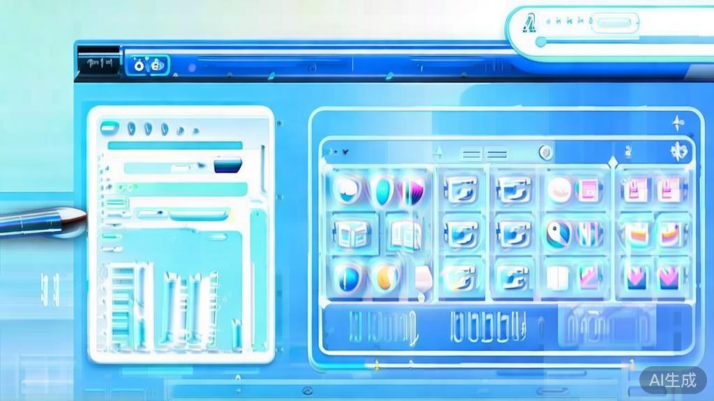 Flat vector illustration of choosing AI tools for painting, dashboard style, soft blue gradient