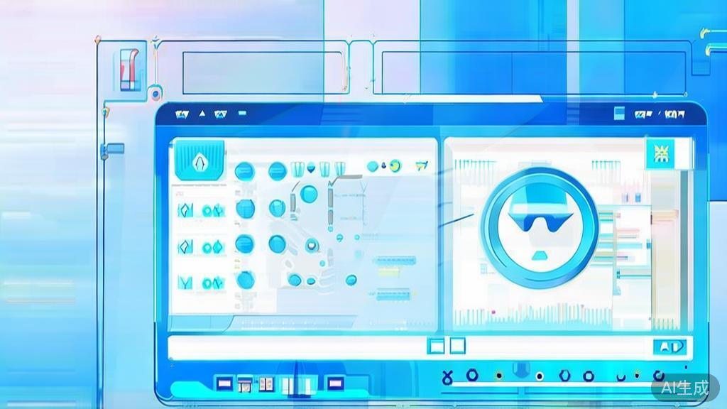 Flat vector illustration of AI technology in art creation, dashboard style, soft blue gradient