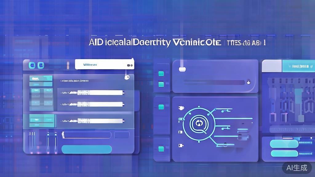 Flat vector illustration of digital identity verification using AI token, dashboard style, soft blue gradient